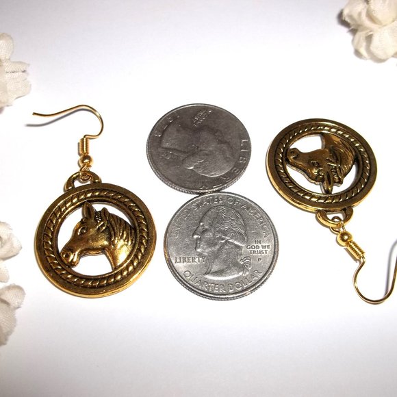 Horse Earrings Dangle Drop Gold Costume Jewelry Western Circle Rope Gift C478 - Picture 4 of 5